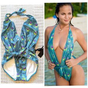 NWT Daniela Corte One Piece Halter Swimsuit Peacock Print Size 42/Medium Beach